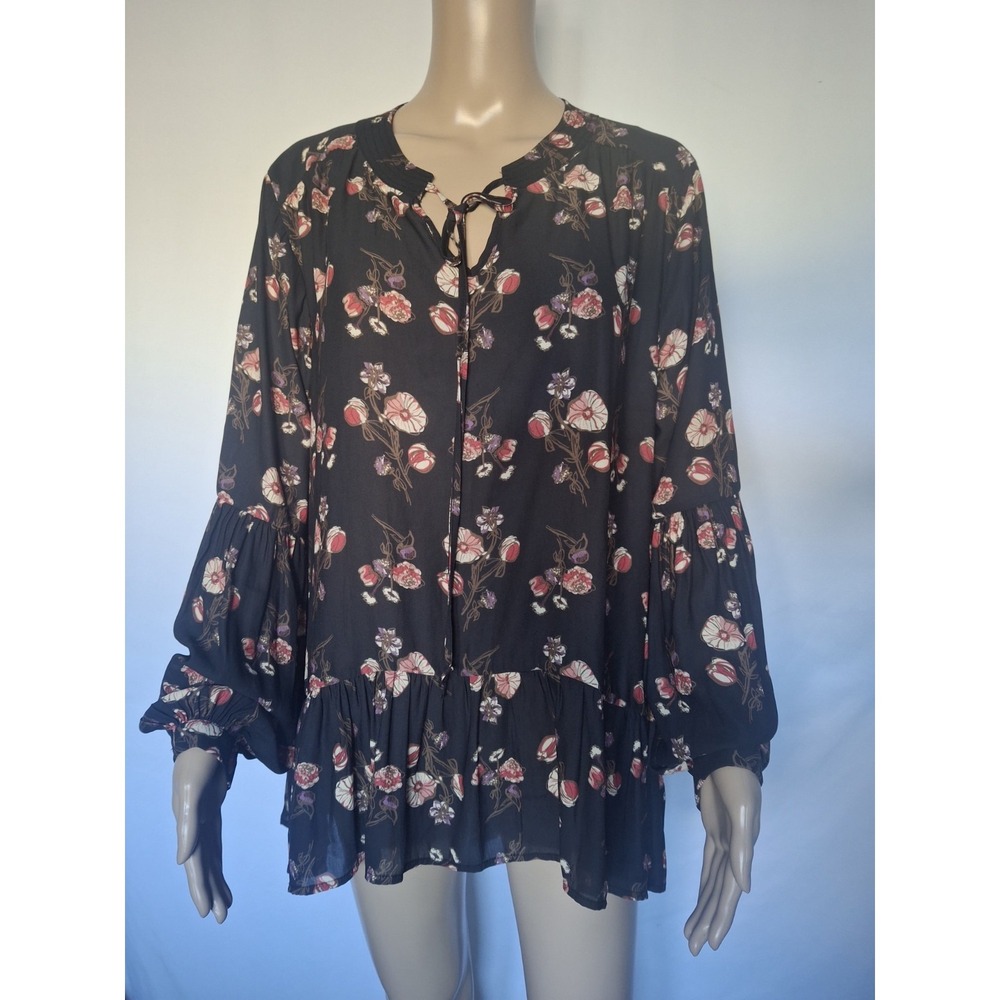 fall Greek womens size XL sheer tunic top blouse floral‎  sleeve Ruffle